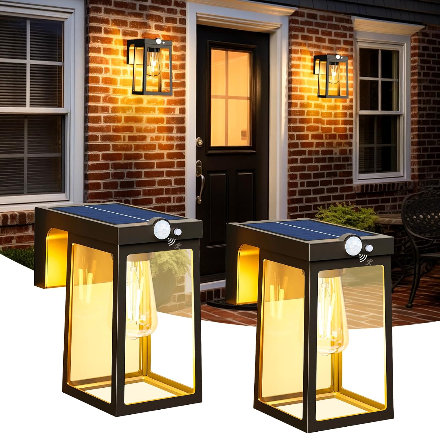 2 Pack Solar Porch Lights Outdoor with Motion Sensor, Dusk to Dawn Exterior Wall Lighting Fixtures Waterproof, LED Patio Lights Wall Sconce Outside Anti-Rust for Garage Frontdoor House, Black